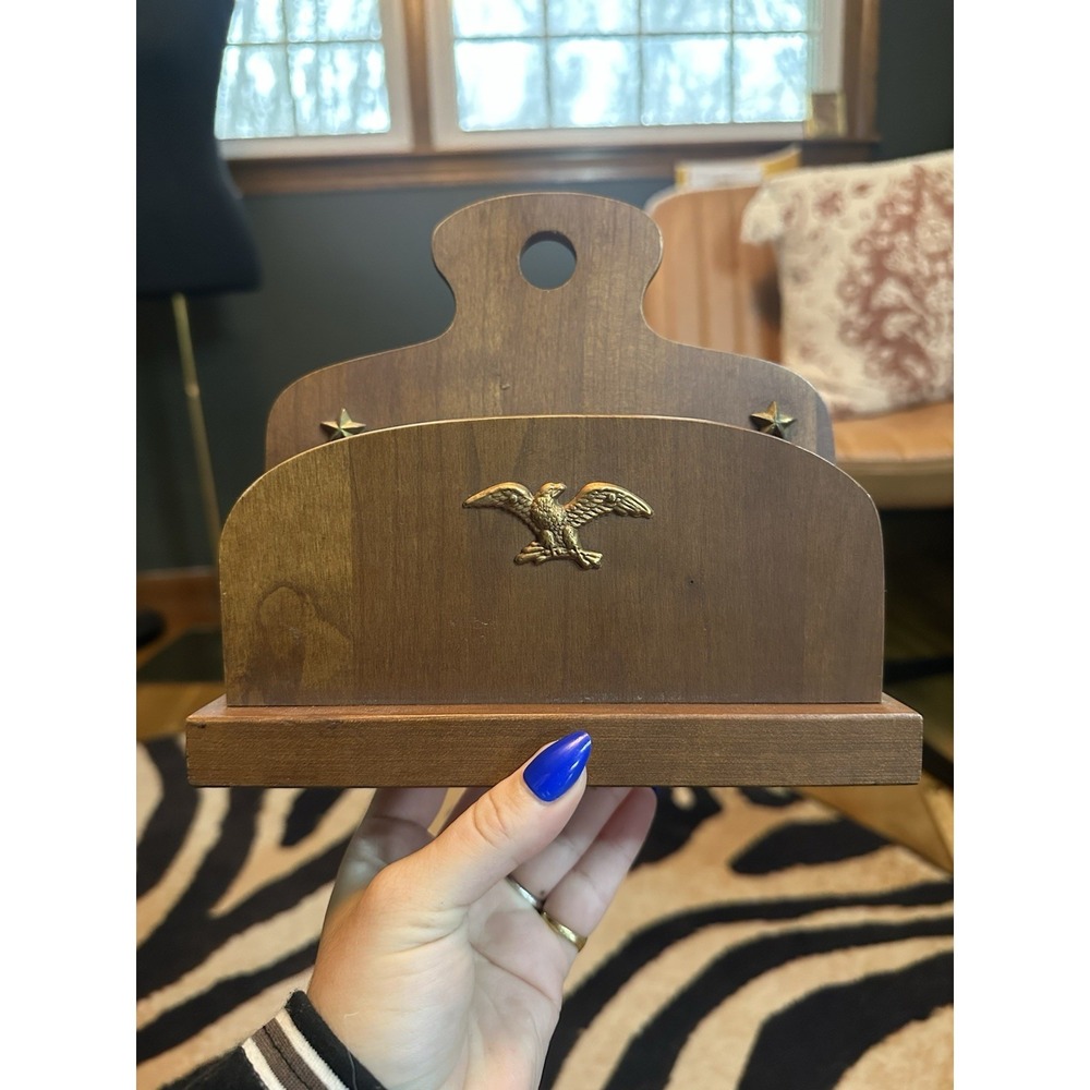 Vintage Mid century Eagle Wooden Brass Letter Recipe Napkin Holder